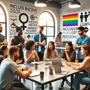 Dalyviai diskutuojantys apie LGBTI+ komunikaciją dirbtuvėse, vadovaujant patyrusiems treneriams